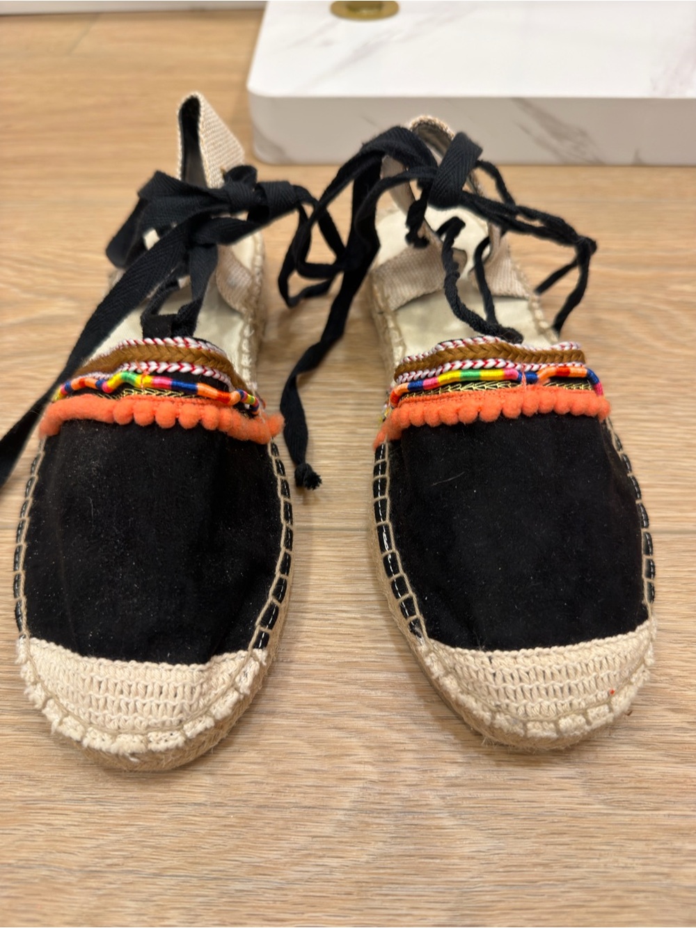 Black Espadrille Flats with Colorful Trim and Ankle Tie